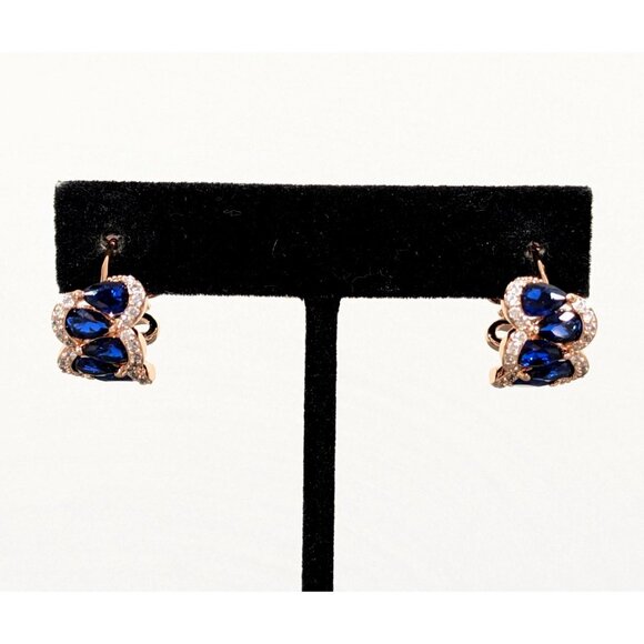 Bomb Party Faux Sapphire CZ Rose Gold Tone Hoop Huggie Earrings Pierced - Picture 1 of 10